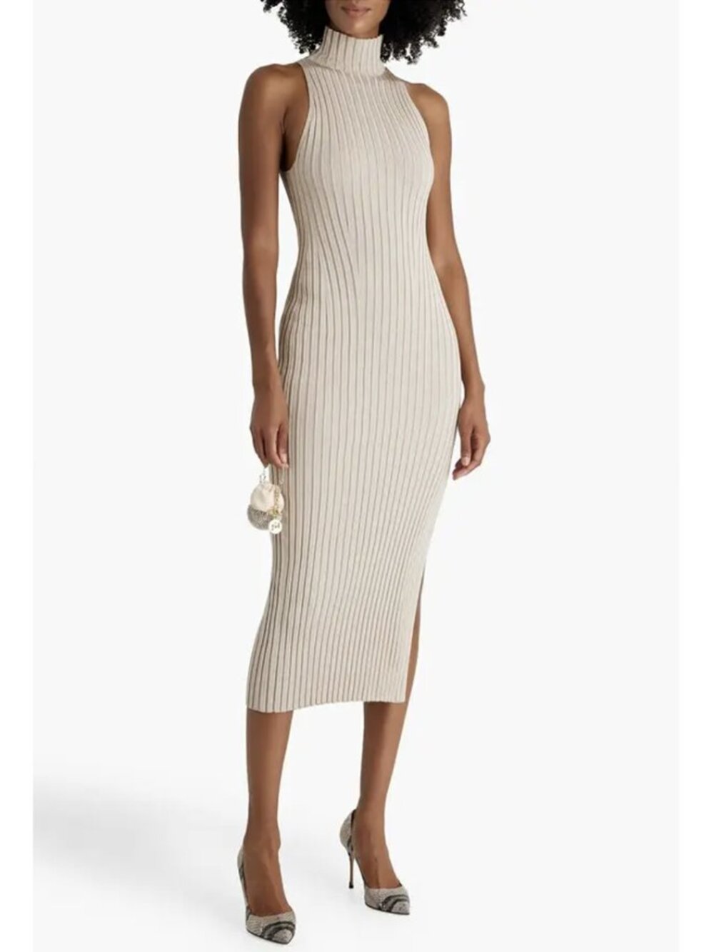Galvan London Rhea Ribbed-Knit Midi Dress XS Beige Sleeveless High Neck Bodycon